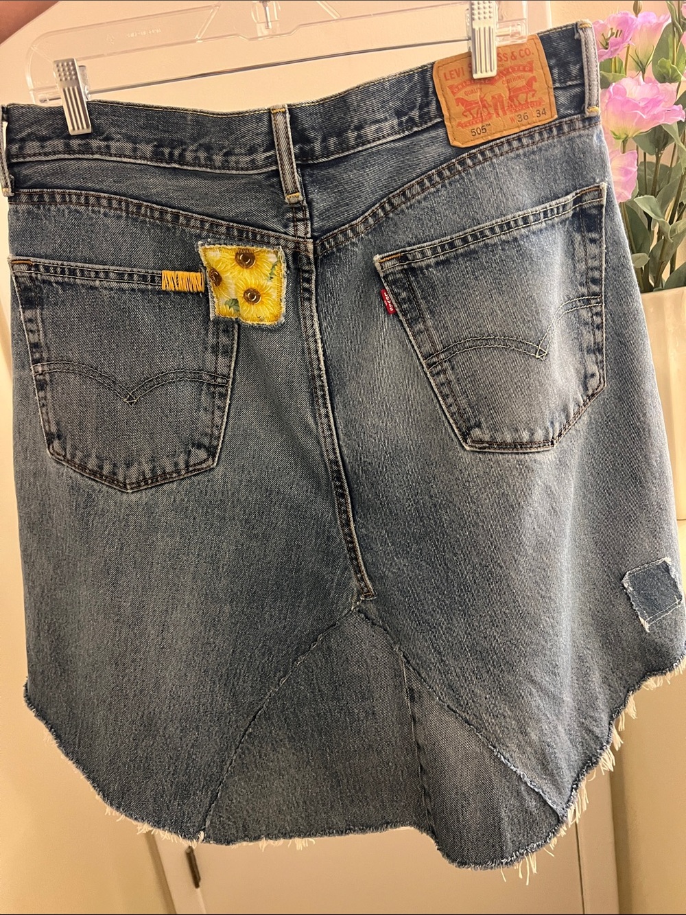 Levi's Distressed Blue Denim A-Line Skirt with Yellow Patch